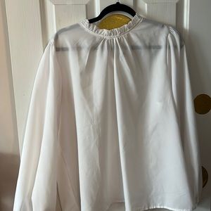 Sheer White Blouse with rouched neckline, 1X, flowy, long sleeve